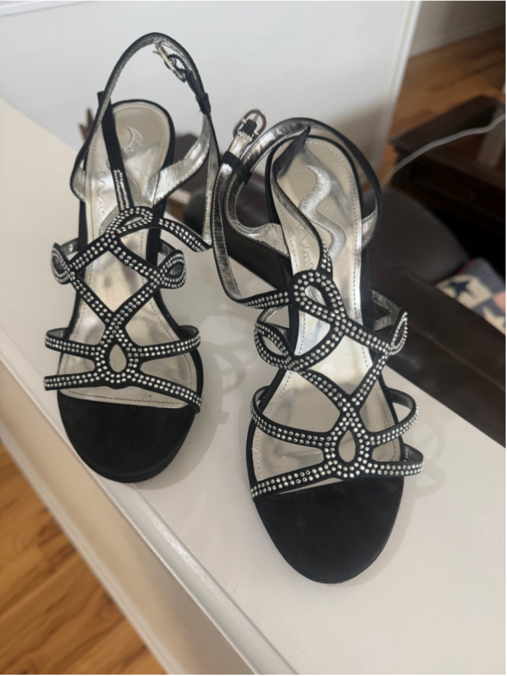 Women's Nina Black Silver Rhinestone Heels Size 7.5